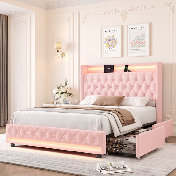 Homfa Queen Size LED Bed Frame with Outlets and USB Ports & Display Platform, 2 Storage Drawers Modern Crystal Button Tufted Upholstered Platform Bed Frame, Pink Velvet