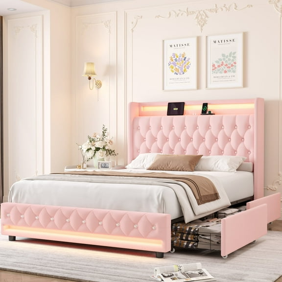 Homfa Queen Size LED Bed Frame with Outlets and USB Ports & Display Platform, 4 Storage Drawers Modern Crystal Button Tufted Upholstered Platform Bed Frame, Pink Velvet