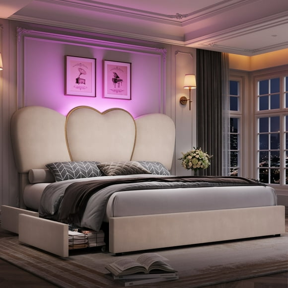 Homfa Queen Size LED Bed Frame with 4 Storage Drawers, Velvet Upholstered Platform Bed with High Love-Heart Shaped Headboard, Beige