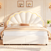 Homfa Queen Size Bed Frame with LED Lights & Storage Drawers, Upholstered Platform Bed with Adjustable Petal Headboard, Off White Velvet