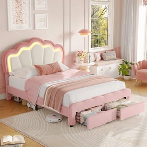 Homfa Queen Size LED Bed Frame with Storage Drawers, Velvet Upholstered Platform Bed with Adjustable Petal Headboard, RGB LED Lights Bed for Bedroom, Pink