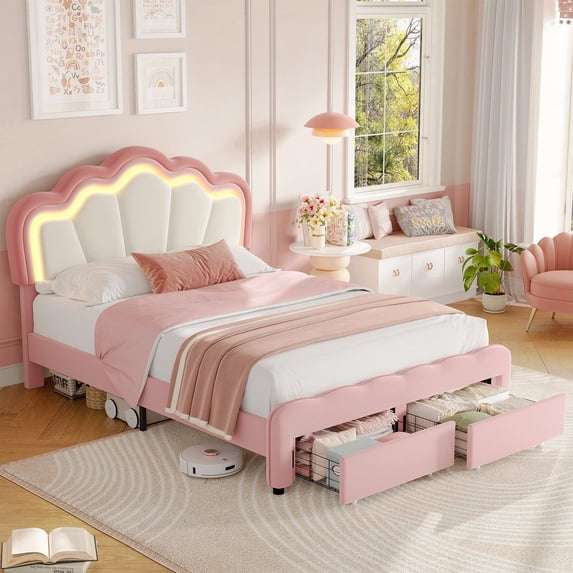 Homfa Queen Size LED Bed Frame with Storage Drawers, Velvet Upholstered Platform Bed with Adjustable Petal Headboard, RGB LED Lights Bed for Bedroom, Pink