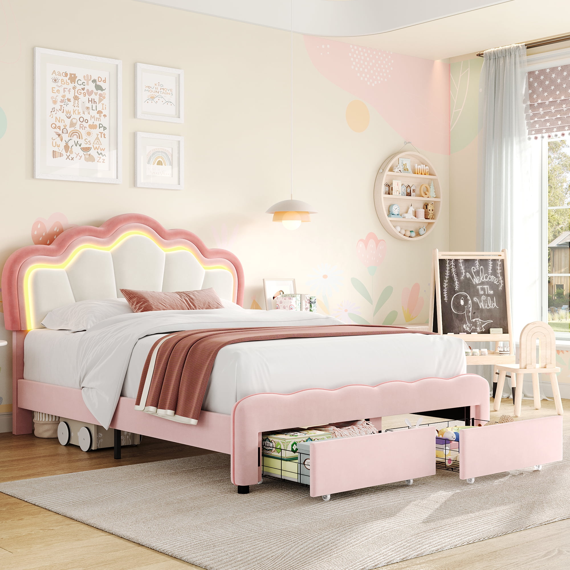 Homfa Queen Size LED Bed Frame with Drawer, Velvet Upholstered Platform ...