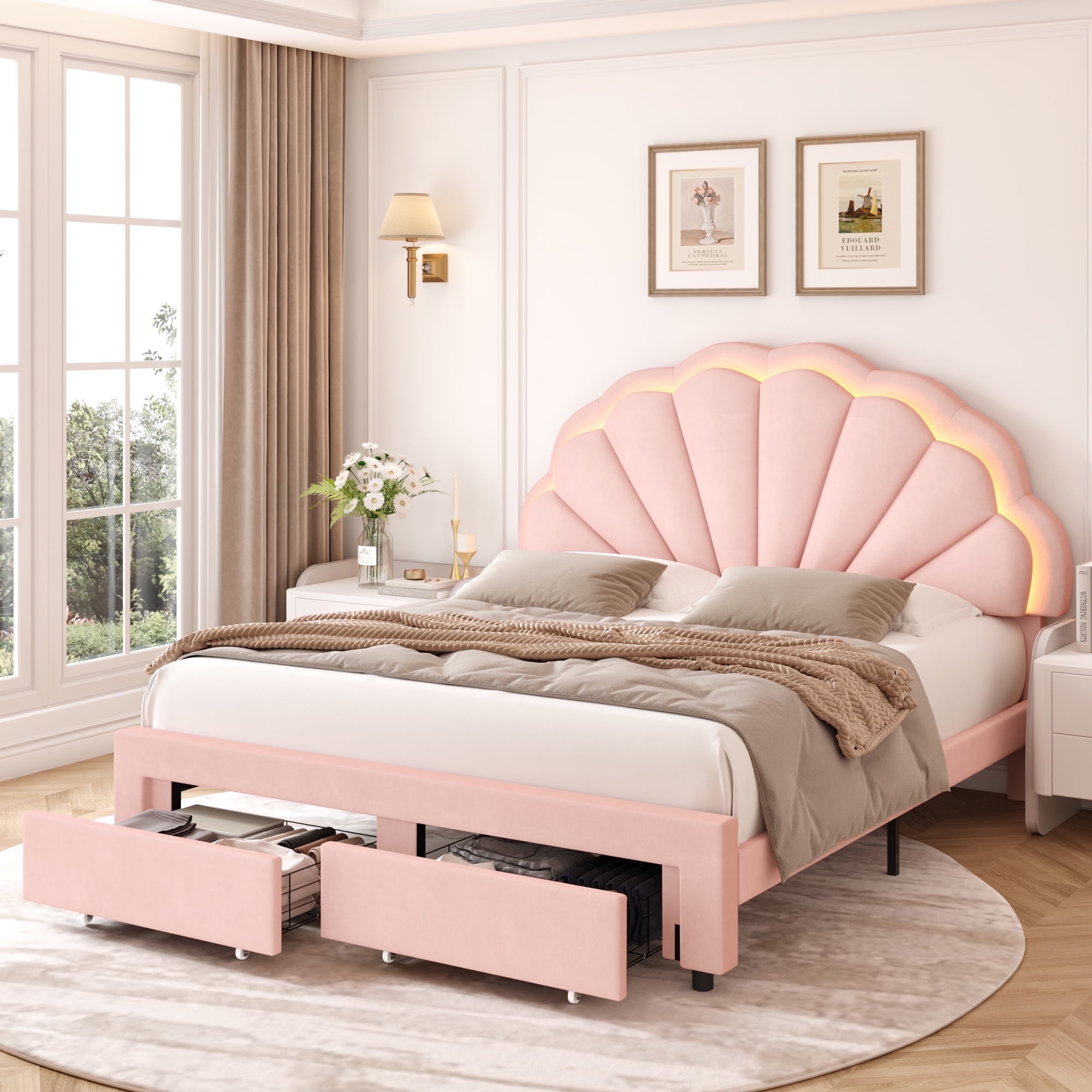 Homfa Queen Size LED Bed Frame with Drawer, Velvet Upholstered Platform Bed with Adjustable Petal Headboard for Kid, Pink Homfa Queen Size LED Bed Frame with Drawer, Velvet Upholstered Platform Bed with Adjustable Petal Headboard for Kid, Pink