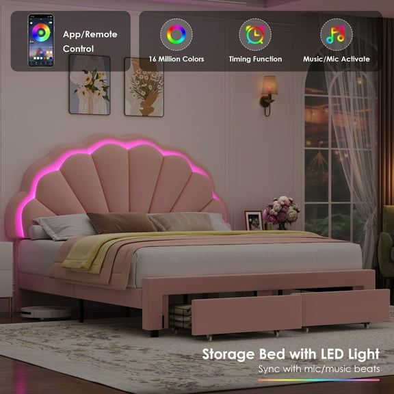 Homfa Modern Queen Bed Frame with 2 Drawers, LED Lights Platform Bed Frame with Upholstered Tufted Adjustable Headboard, Pink