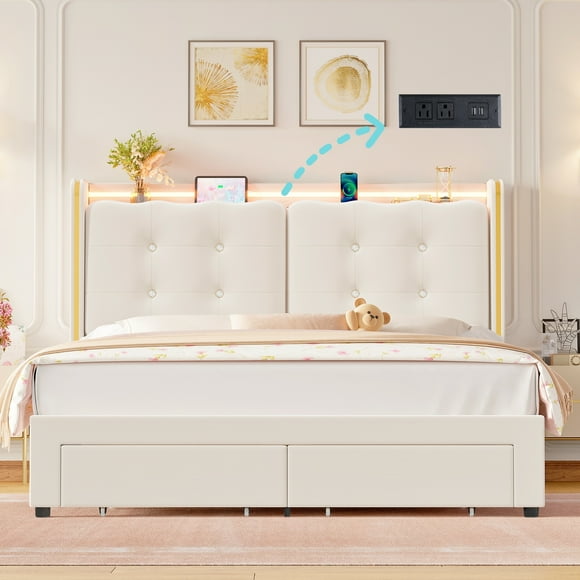 Homfa Queen Size LED Bed Frame with Drawer, Velvet Crystal Button Upholstered Platform Bed Frame with Outlets and USB Ports & Display Platform, No Box Spring Needed, Beige