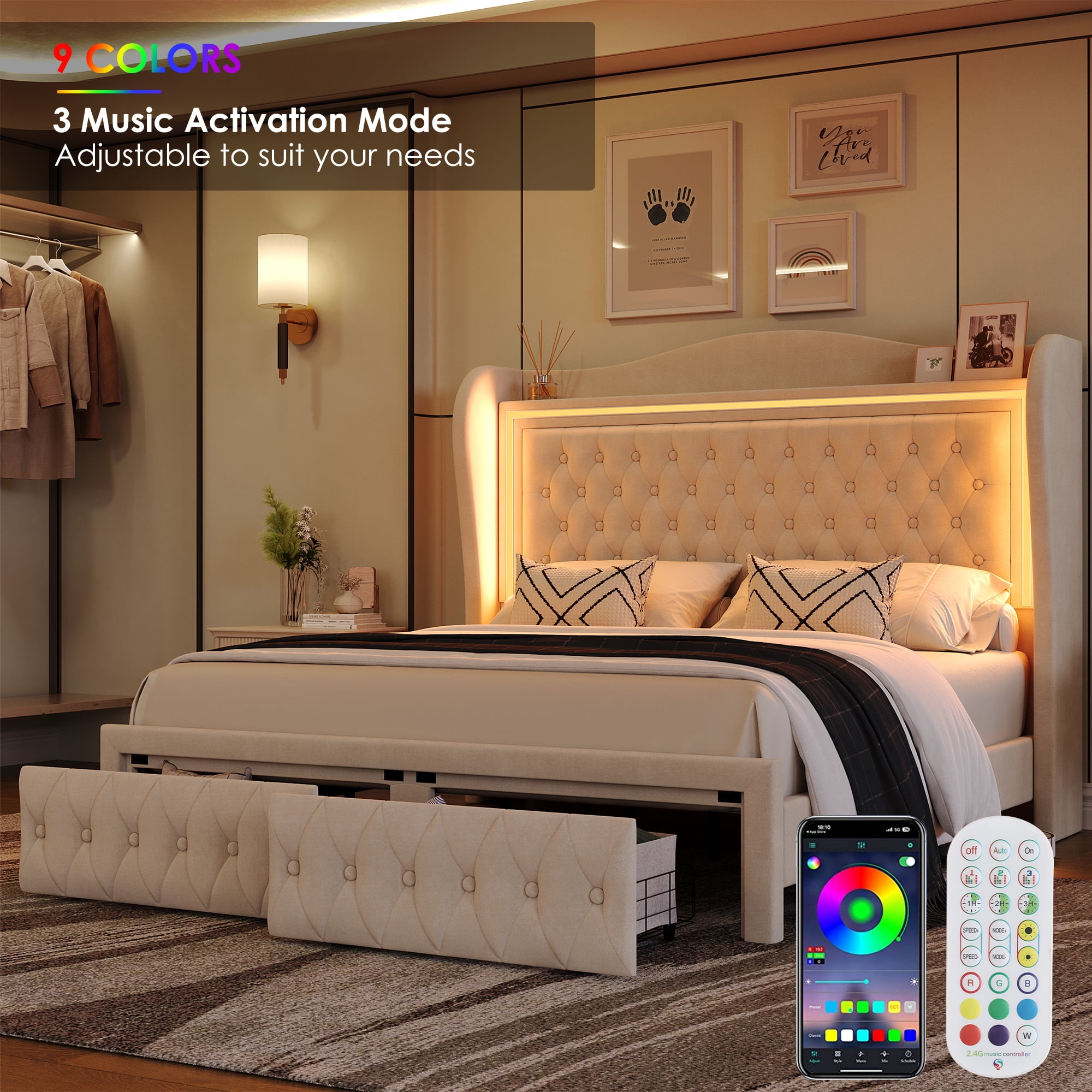 Homfa Queen Size LED Bed Frame with Velvet Upholstered Wingback Headboard, Storage Drawers, Beige