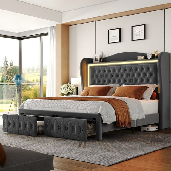 Homfa Queen Size LED Bed Frame with Storage Drawers, 54in Tall Velvet Upholstered Headboard Platform Bed with Wingback Buttons Headboard, Grey