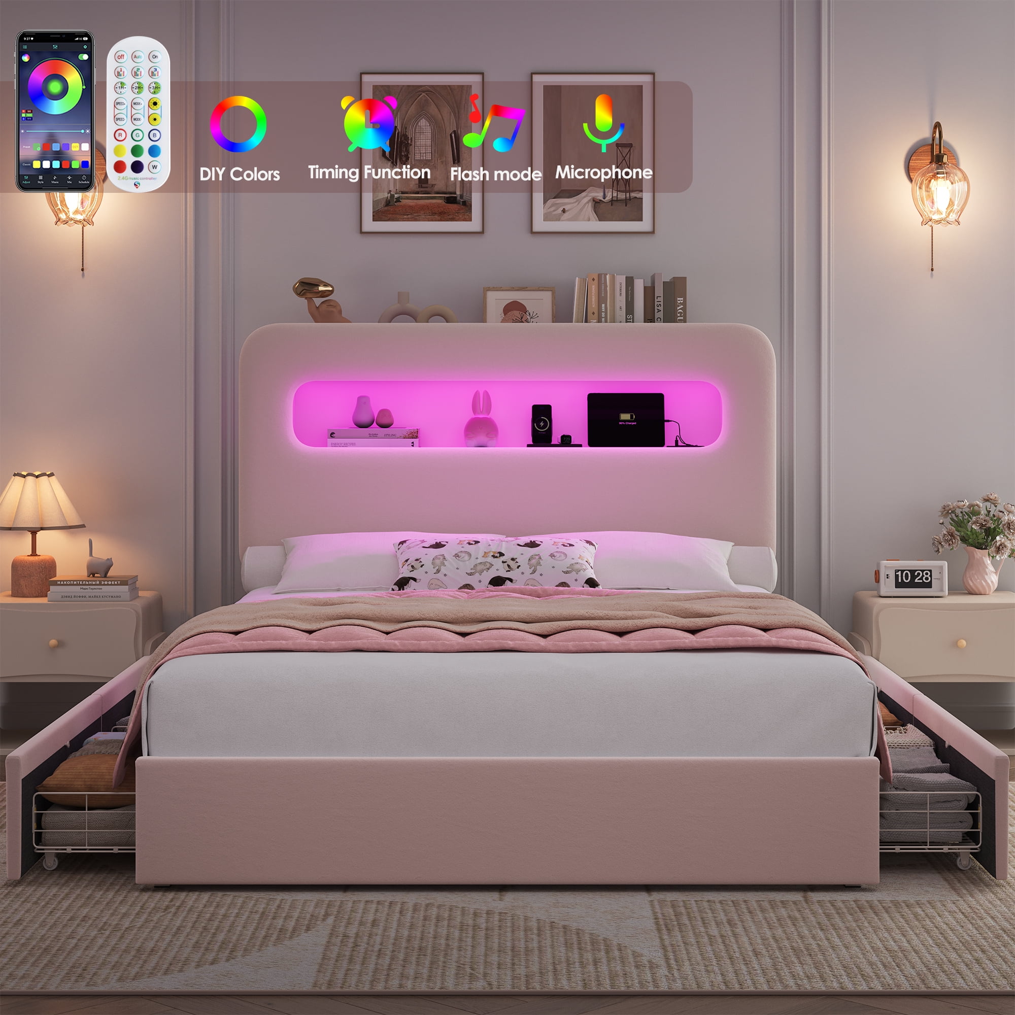 Homfa Queen Size LED Bed with Storage Headboard & 4 Drawers,Velvet ...