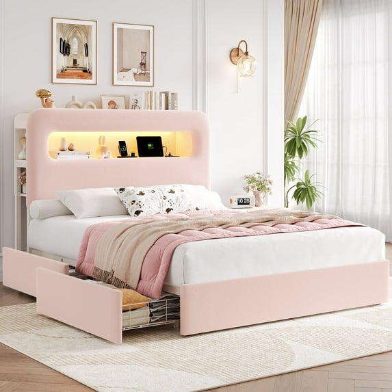 Homfa Queen Size Velvet Upholstered Bed with LED Lights & 2 Drawers, Storage Headboard Platform Bed Frame with USB Ports & Outlets, Pink