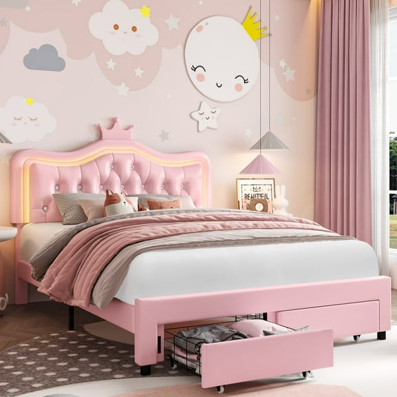 Homfa Queen Size LED Upholstered Bed with Adjustable Crystal Button Tufted Crown Headboard, Soft PU Princess Platform Bed with 2 Storage Drawers, Pink