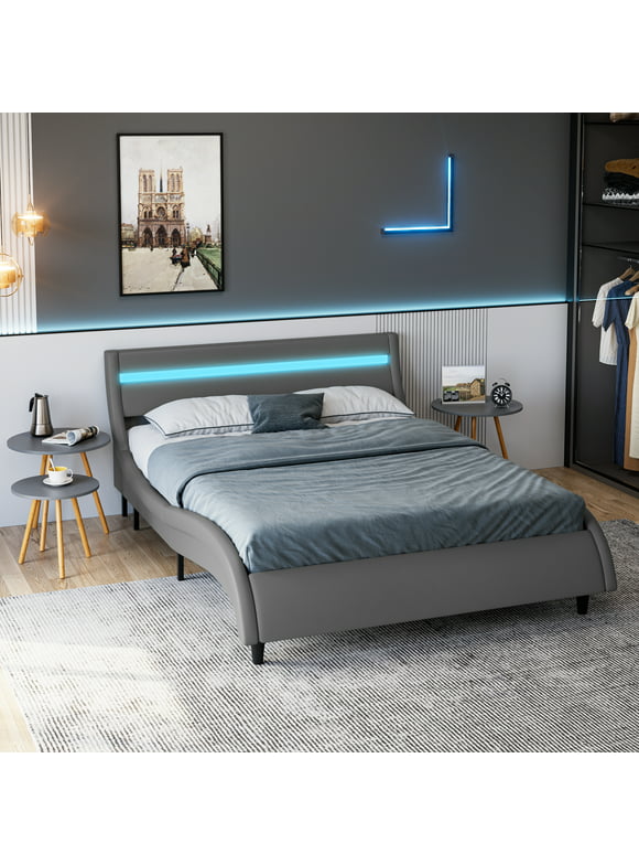 Homfa Queen Size Led Bed Frame, 16-Color Led Lights Platform Bed with Adjustable Upholstered Headboard, Gray