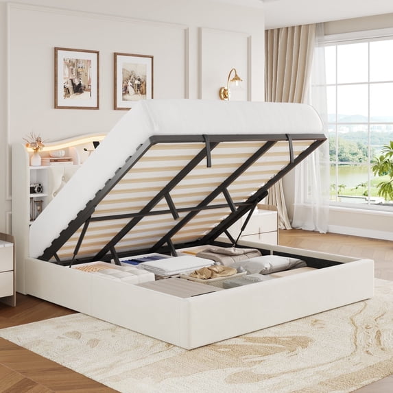 Homfa Queen Size Lift Up Storage Bed, Modern LED Headboard with USB Charging Port, Hydraulic Support,Beige
