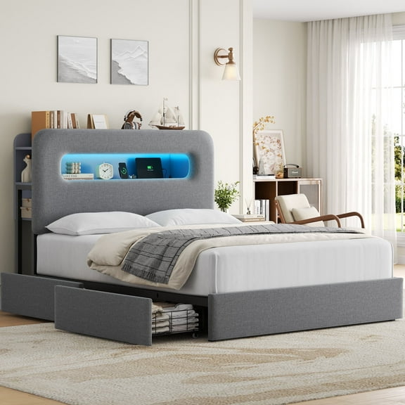 Homfa Queen Size Linen Upholstered Bed with LED Lights & 2 Drawers， Storage Headboard Platform Bed Frame with USB Ports & Outlets, Gray
