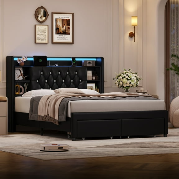 Homfa Queen Size PU Upholstered Bed with Bookcase Headboard, 2 Drawers Platform Bed Frame with Charging Station & LED Lights, Black