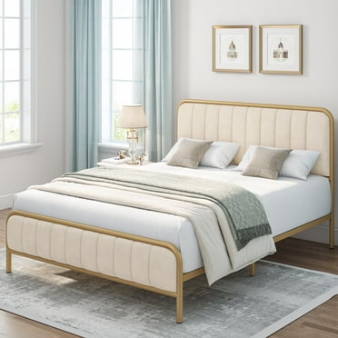 Homfa Queen Size Platform Bed Frame, Round Metal Tube Heavy Duty Bed Frame with Tufted Upholstered Headboard, Gold and Beige