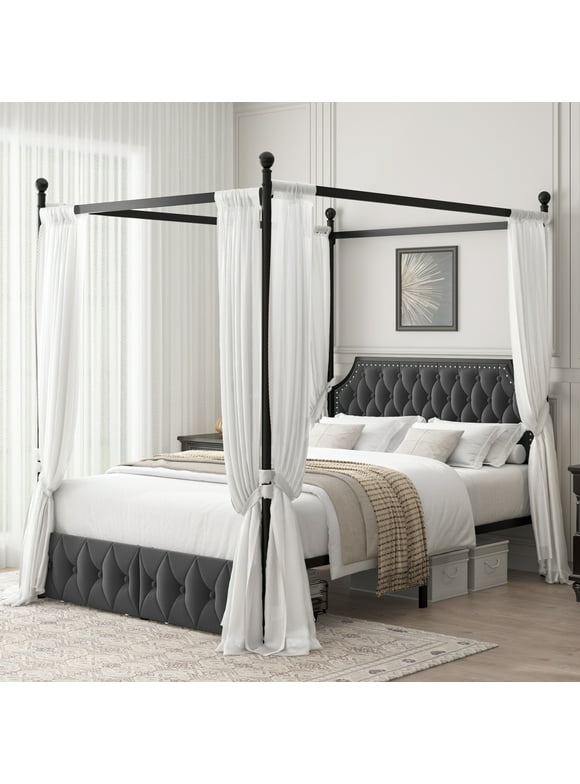Homfa Queen Size Removable Canopy Bed Frame, 2 Storage Drawers Metal Platform Bed with Button Tufted Upholstered Headboard, Canopy Bed Curtain Not Included, Dark Gray