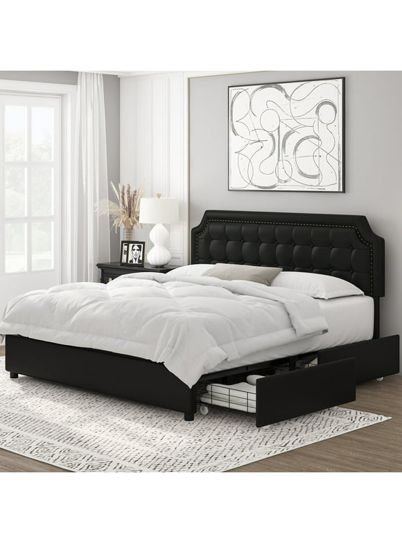 Homfa Queen Size Storage Bed, 4 Drawers PU Leather Platform Bed Frame with Adjustable Upholstered Headboard, Black