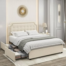 Homfa Queen Size Storage Bed, 4 Drawers Vevlet Platform Bed Frame with Adjustable Upholstered Headboard, Creamy White