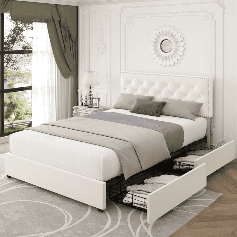 Homfa Faux Leather Upholstered Platform Bed Frame with Adjustable Diamond Button Tufted Headboard, Wooden Slats Support, Mattress Foundation, No Box