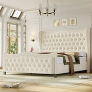 Homfa Queen Size Bed Frame, Modern Velvet Tufted Wingback Bed, Platform Bed with 55"H Upholstered Headboard, Off-White