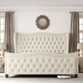 thumbnail image 1 of Homfa Queen Size Bed Frame, Modern Velvet Tufted Wingback Bed, Platform Bed with 55"H Upholstered Headboard, Off-White, 1 of 9