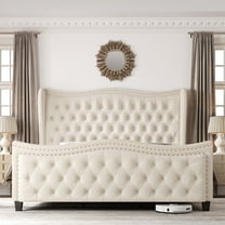 Homfa Queen Size Bed Frame, Modern Velvet Tufted Wingback Bed, Platform Bed with 55"H Upholstered Headboard, Off-White