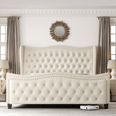 Homfa Queen Size Bed Frame, Modern Velvet Tufted Wingback Bed, Platform Bed with 55"H Upholstered Headboard, Off-White