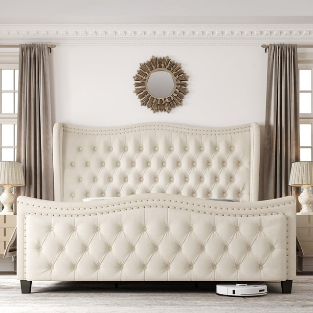 Homfa Queen Size Bed Frame, Modern Velvet Tufted Wingback Bed, Platform Bed with 55"H Upholstered Headboard, Off-White