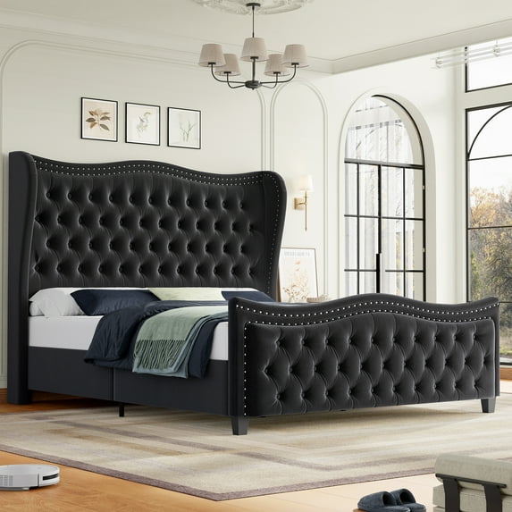 Homfa Queen Size Upholstered Bed, Modern Velvet Tufted Platform Bed with Wingback Headboard, Black