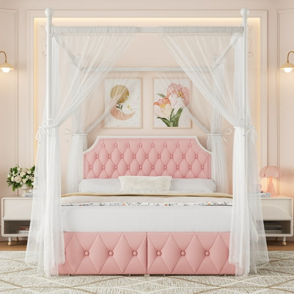 Homfa Queen Size Upholstered Canopy Bed Frame for Bedroom, 2 Storage Drawers Platform Bed, Canopy Bed Curtain Not Included, Pink