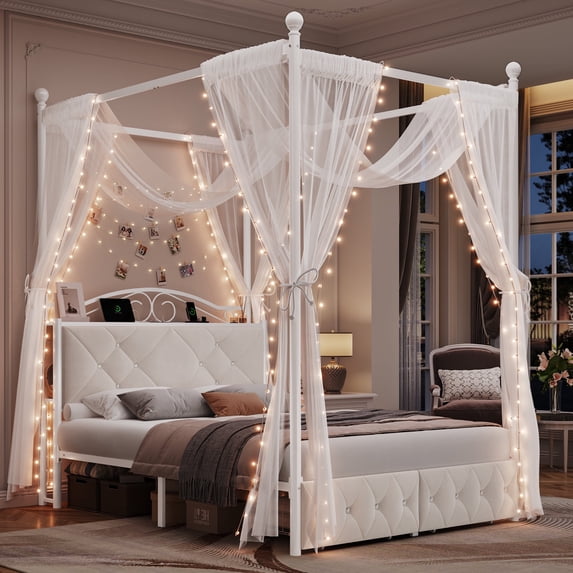 Homfa Queen Size Upholstered Metal Canopy Bed, 2 Drawers Storage Platform Bed with Charging Ports, Off-White