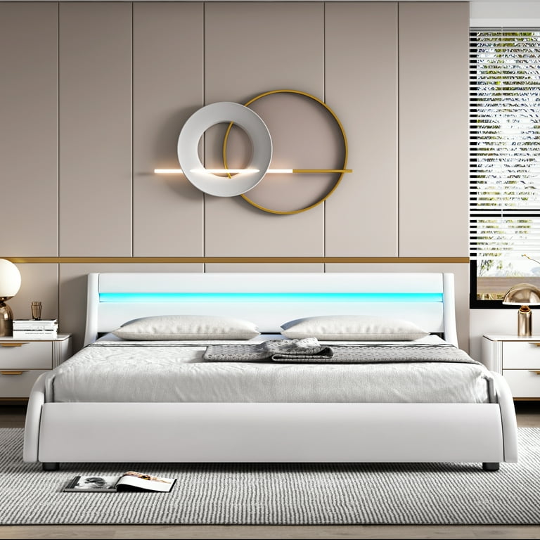 Homfa Queen size Led Bed 16 Colors LED Platform Bed Frame White