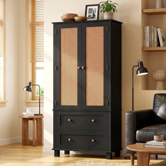 Homfa Rattan Cabinet with Doors, Tall Storage Cabinet with 2 Drawers, Narrow Accent Versatile Cabinet for Living Room, Black