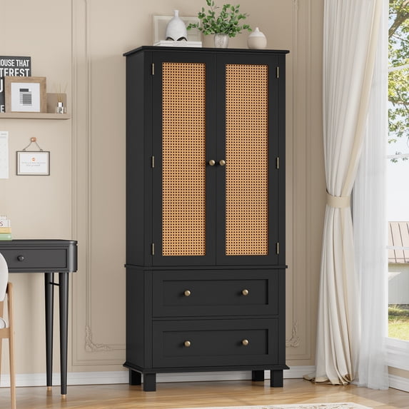 Homfa Rattan Cabinet with Doors, Tall Storage Cabinet with 2 Drawers, Narrow Accent Versatile Cabinet for Living Room, Black