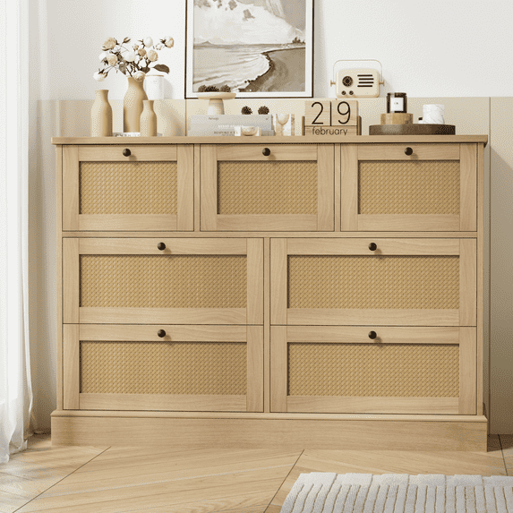 Homfa Rattan Dresser, 7 Drawer Combo Double Dresser, Modern Wicker Chest for Bedroom, Burlywood