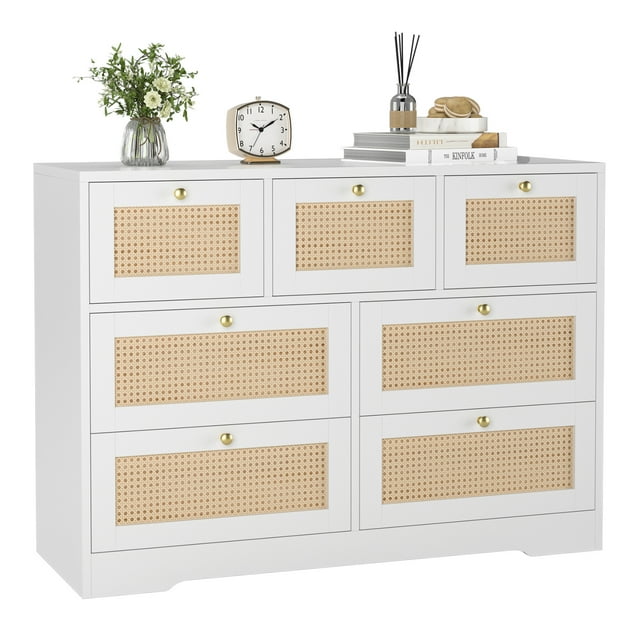 Homfa Rattan Dresser, White 7 Drawer Double Dresser, Modern Wicker