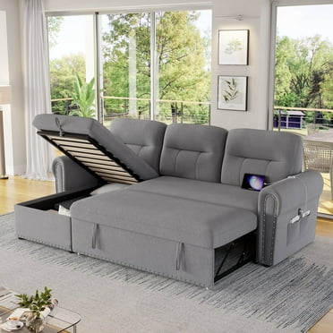 Homfa Sectional Sofa with Storage Chaise, L-Shaped Velvet Sofa with Reversible Pull Out Couch & Charging Port for Living Room, Gray