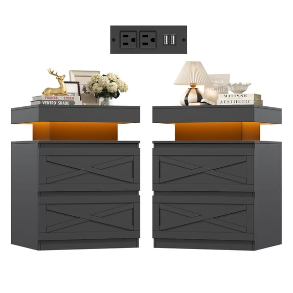 Homfa Set of 2 Bedroom Nightstands with LED Lights & Charging Station, 2 Drawers End Side Table with Storage for Living Room, Black