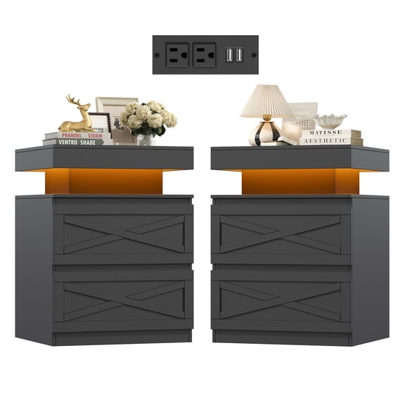 Homfa Set of 2 Bedroom Nightstands with LED Lights & Charging Station, 2 Drawers End Side Table with Storage for Living Room, Black