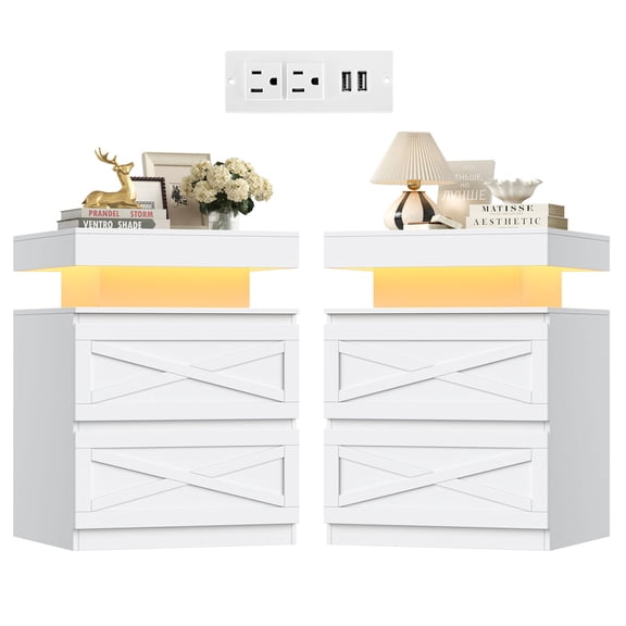 Homfa Set of 2 Bedroom Nightstands with LED Lights & Charging Station, Modern End Side Table with 2 Drawers & Floating Top for Living Room, White