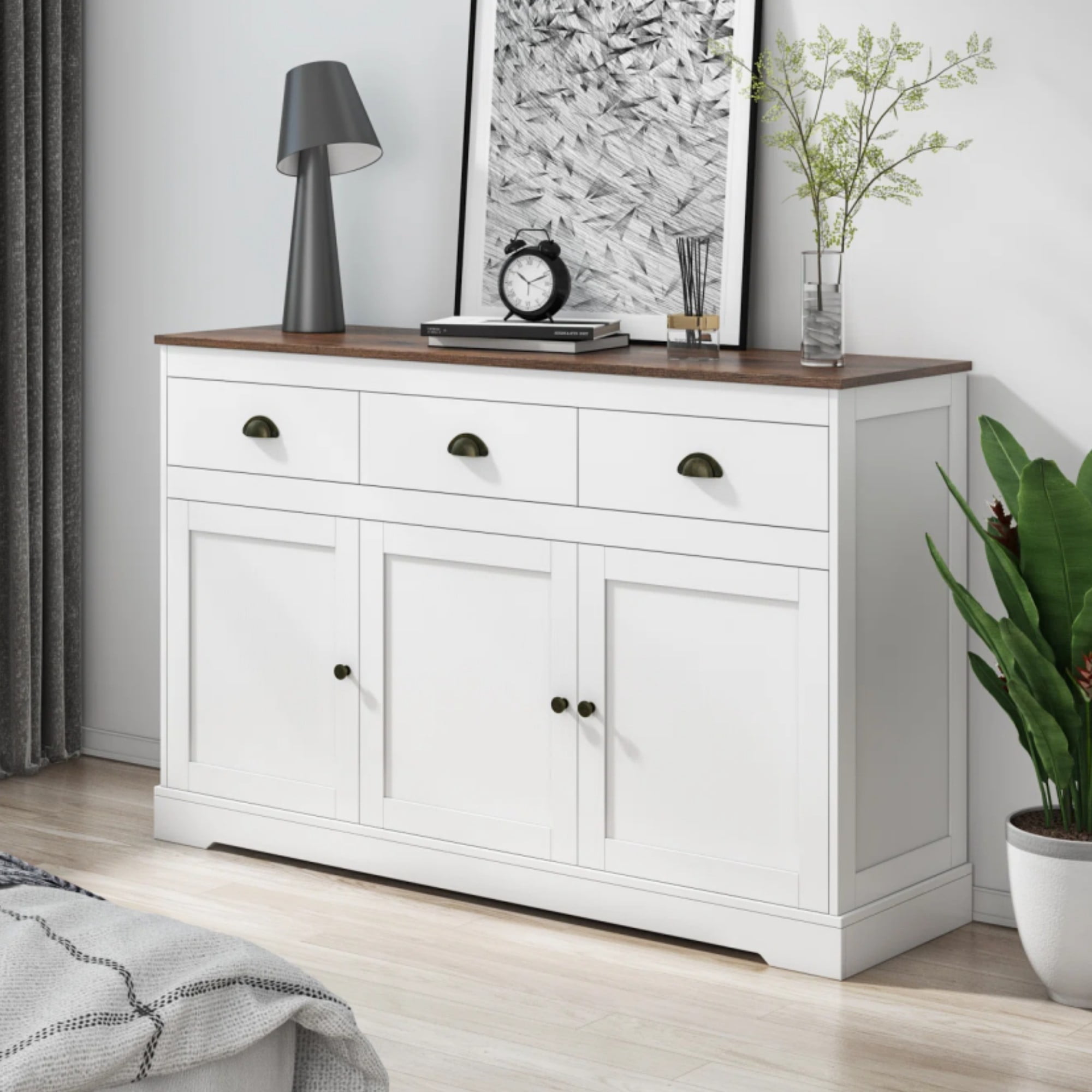 Homfa Sideboard Buffet Cabinet with 3 Drawers 53.54 W Storage Cabinet with Adjustable Shelves for Kitchen Dining Room White