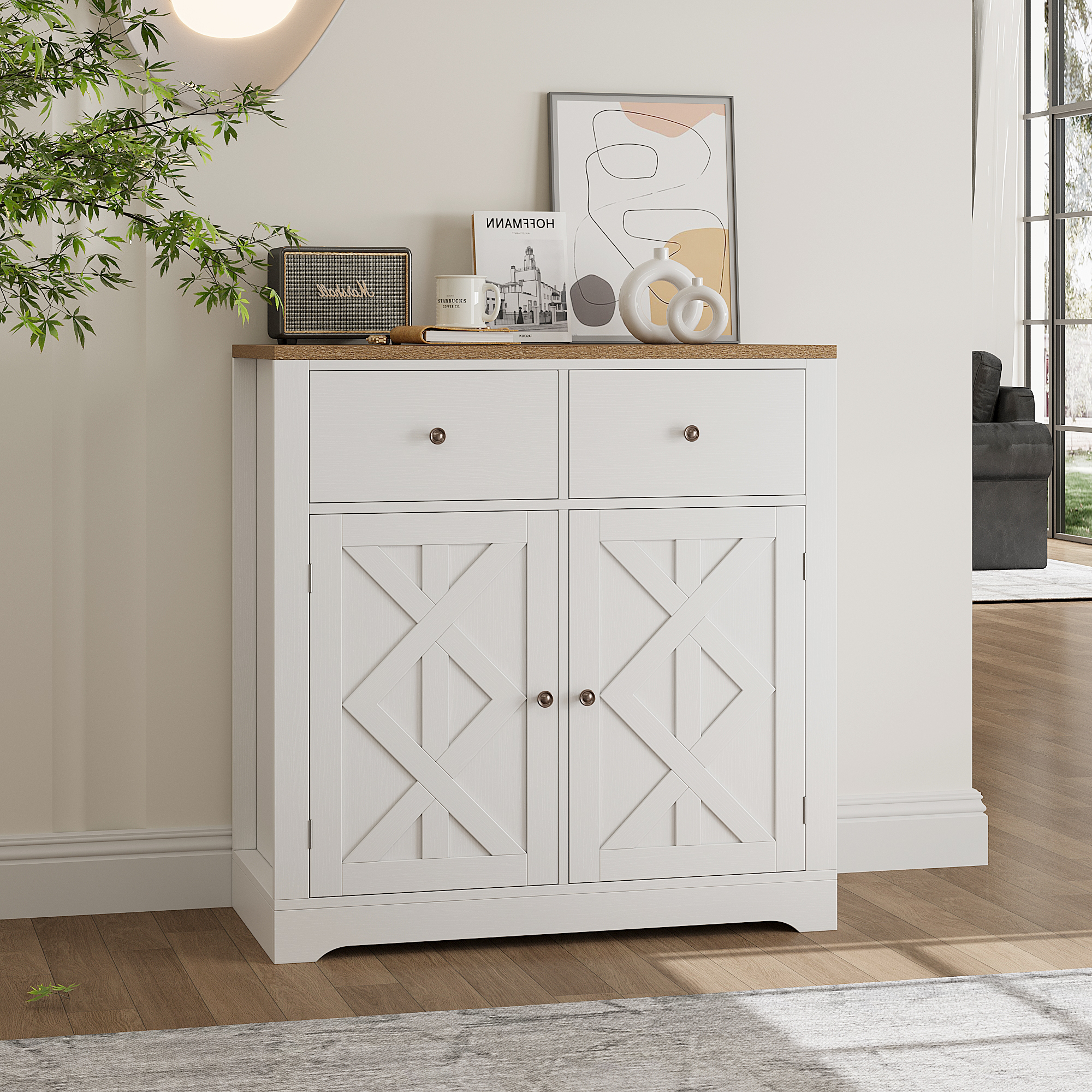 Homfa Sideboard Storage with 2 Drawers & 2 Doors, 31.4'' Wide