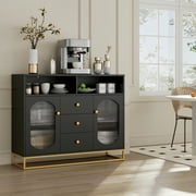 Homfa Sideboard Storage Cabinet with 3 Drawers & 2 Glass Doors, 47.2'' Wide Buffet Cabinet for Kitchen Dining Room, Black