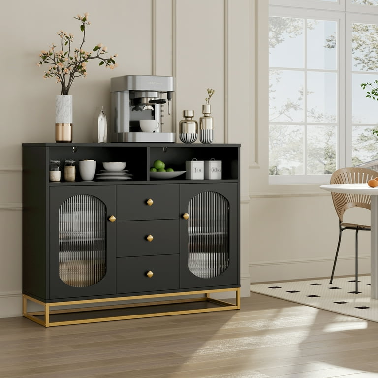 Homfa Sideboard Storage Cabinet with 3 Drawers 2 Glass Doors 47.2 Wide Buffet Cabinet for Kitchen Dining Room Black