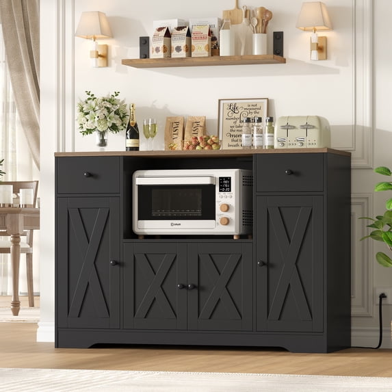 Homfa Kitchen Buffet Cabinet with Microwave Shelf, 47" W Sideboard with Charging Station, Microwave Coffee Buffet for Kitchen Dining Room, Black