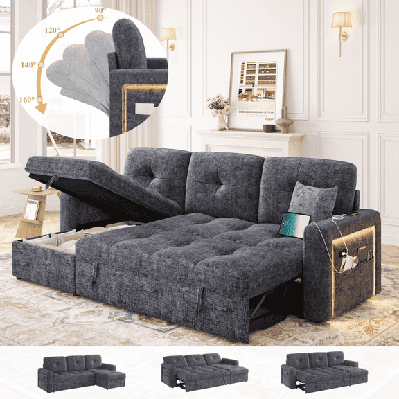 Homfa 81" Sleeper Sofa Bed with Adjustable Backrest & USB Charging Port, Chenille Fabric L-Shaped 4-Seat Sofa with Storage Chaise Couch for Living Room Apartment, Gray