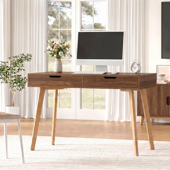 Homfa Desk with Drawers, Makeup Table for Bedroom, Study Work Desk Table for Home Office Writing, Walnut