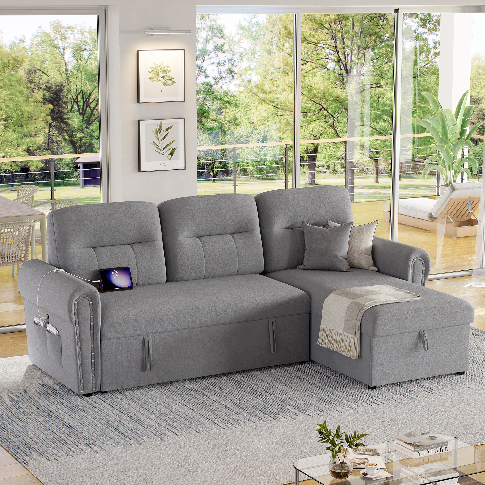 Homfa Sectional Sofa with Storage Chaise, L-Shaped Velvet Sofa with Reversible Pull Out Couch & Charging Port for Living Room, Gray