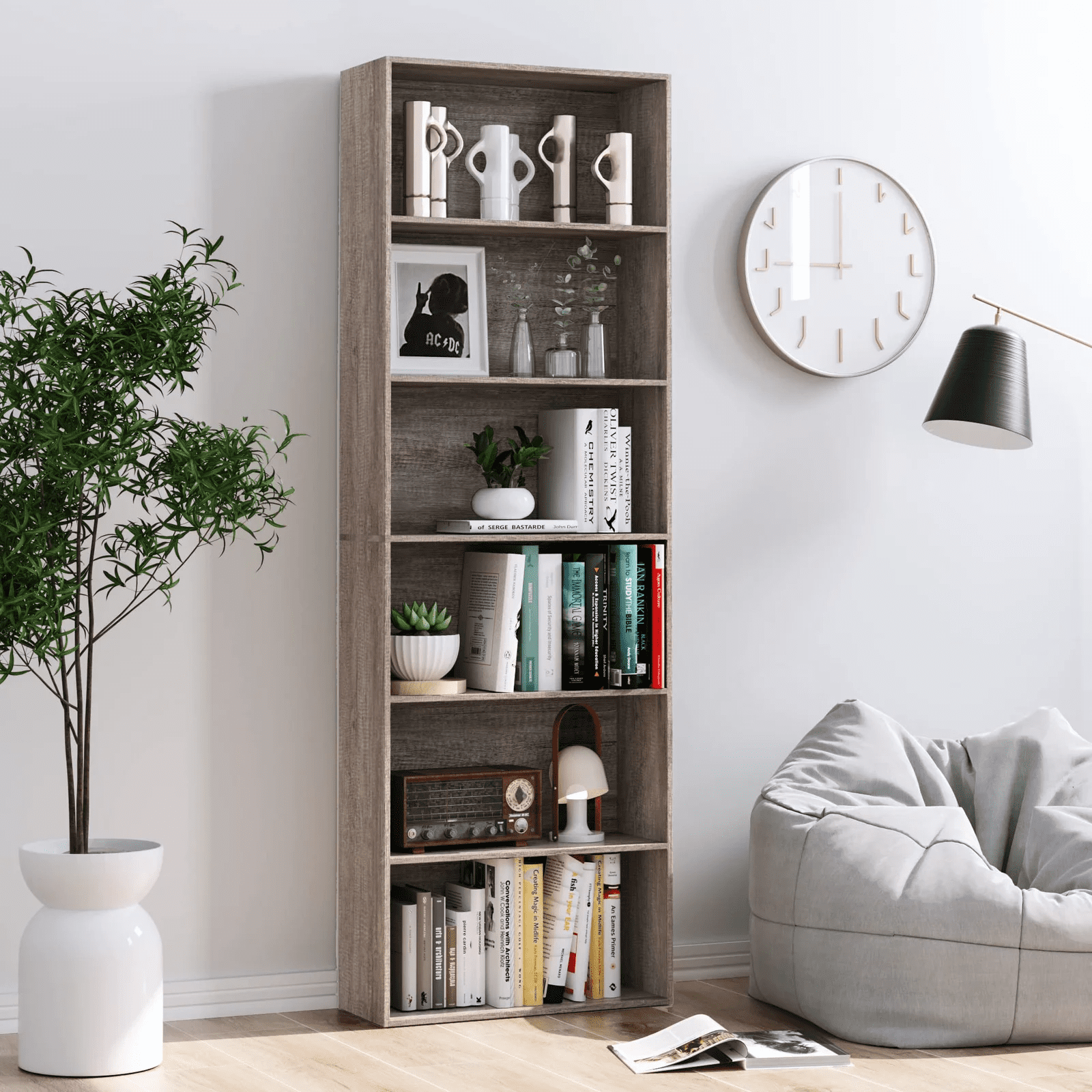 Furologee White 6 Tier Bookshelf with Drawers, Tall 71 Bookcase with  Shelves, Modern Wood and Metal Book Shelf Storage Organizer, Display Free